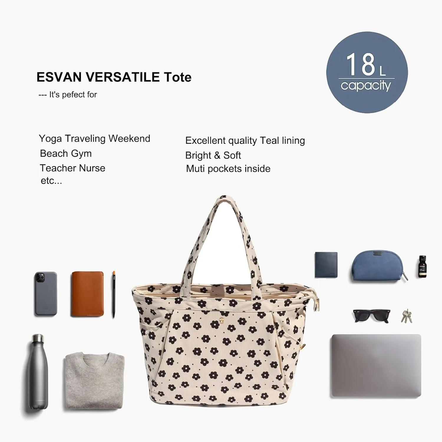 ESVAN Yoga Tote Bag for Women Shoulder Bags Drawstring for Office Workout Travel Carryall Pilates Gym and Beach