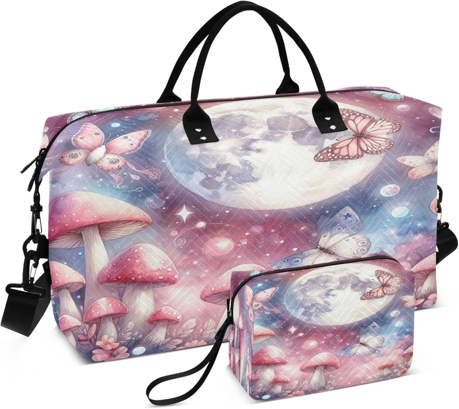 Exnundod Cute Pink Mushrooms Travel Duffel Bags for Women Watercolor Sports Gym Bag Weekender Carry On Tote Overnight Luggage Duffle Bags
