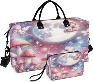 Exnundod Cute Pink Mushrooms Travel Duffel Bags for Women Watercolor Sports Gym Bag Weekender Carry On Tote Overnight Luggage Duffle Bags