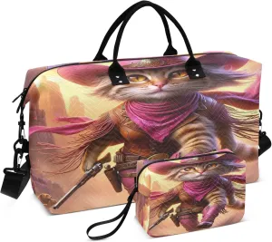 Exnundod Pink Cowgirl Cat Cool Travel Duffel Bags for Women Fantasy Cartoon Artistic Sports Gym Bag Weekender Carry On Tote Overnight Luggage Duffle Bags
