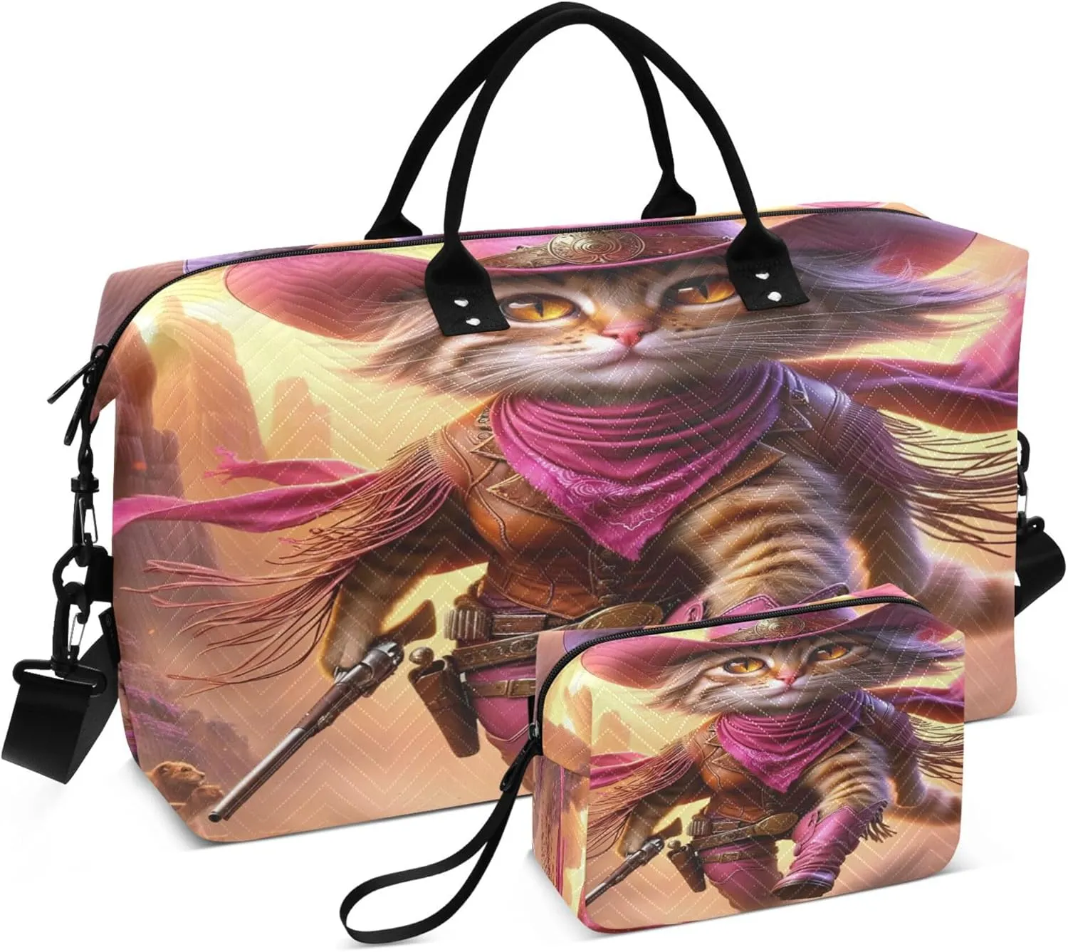 Exnundod Pink Cowgirl Cat Cool Travel Duffel Bags for Women Fantasy Cartoon Artistic Sports Gym Bag Weekender Carry On Tote Overnight Luggage Duffle Bags