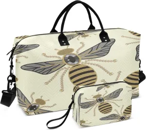 Exnundod Travel Duffel Bags Shiny Gold Flying Bees Sports Gym Bag Weekender Carry On Tote Overnight Luggage Bags for Women and Men