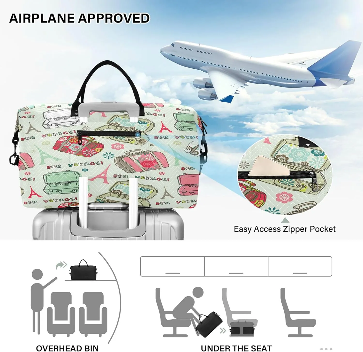 Exnundod Women Weekender Bags Travel Suitcases Travel Duffel Bags Carry On Overnight Bag Bon Voyage Large Hospital Tote Luggage