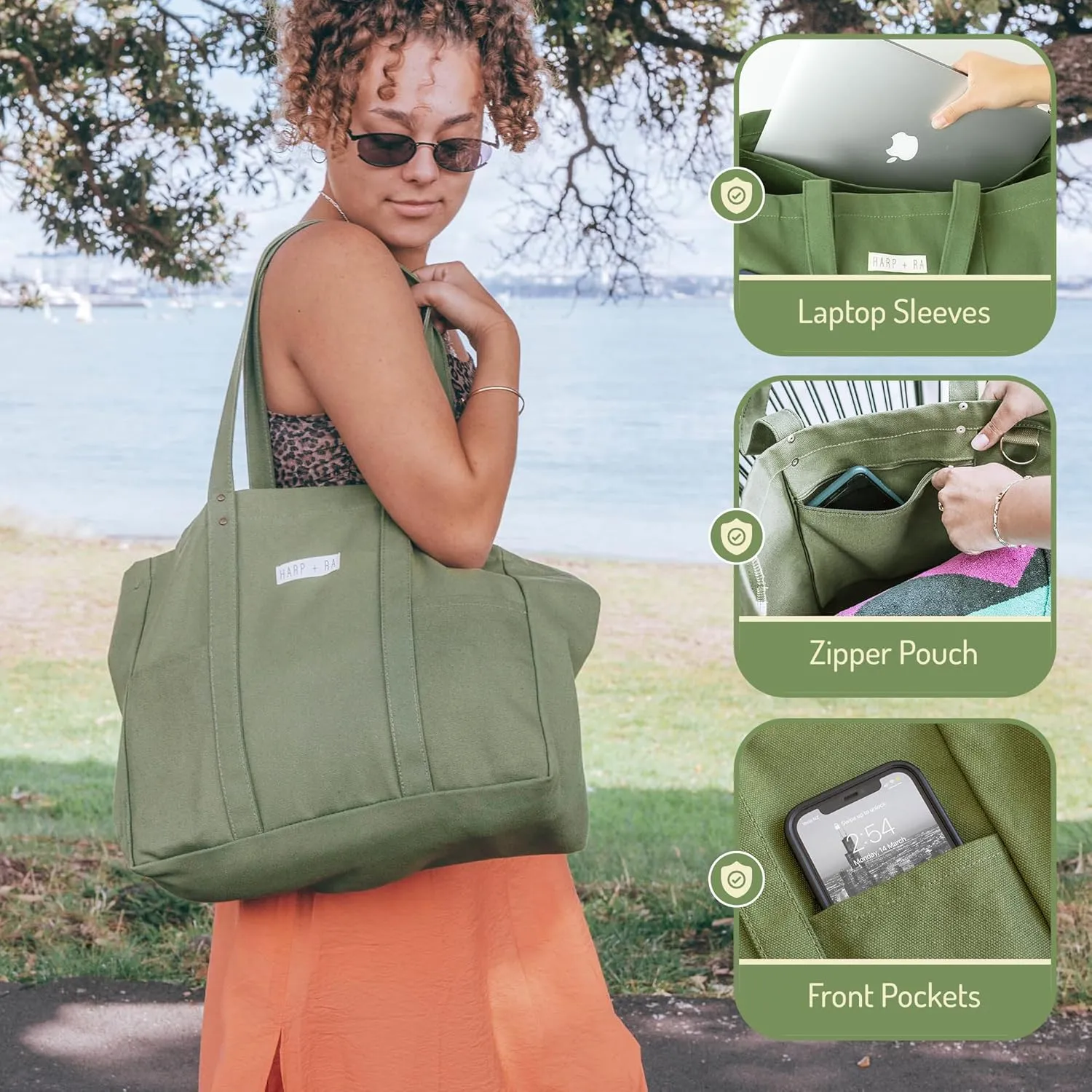 Extra Large Canvas Tote Bag - Utility with 2 Front Pockets and Laptop Sleeve, heavy duty everyday tote