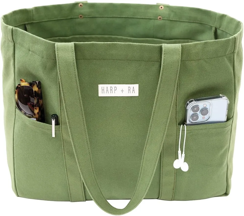 Extra Large Canvas Tote Bag - Utility with 2 Front Pockets and Laptop Sleeve, heavy duty everyday tote