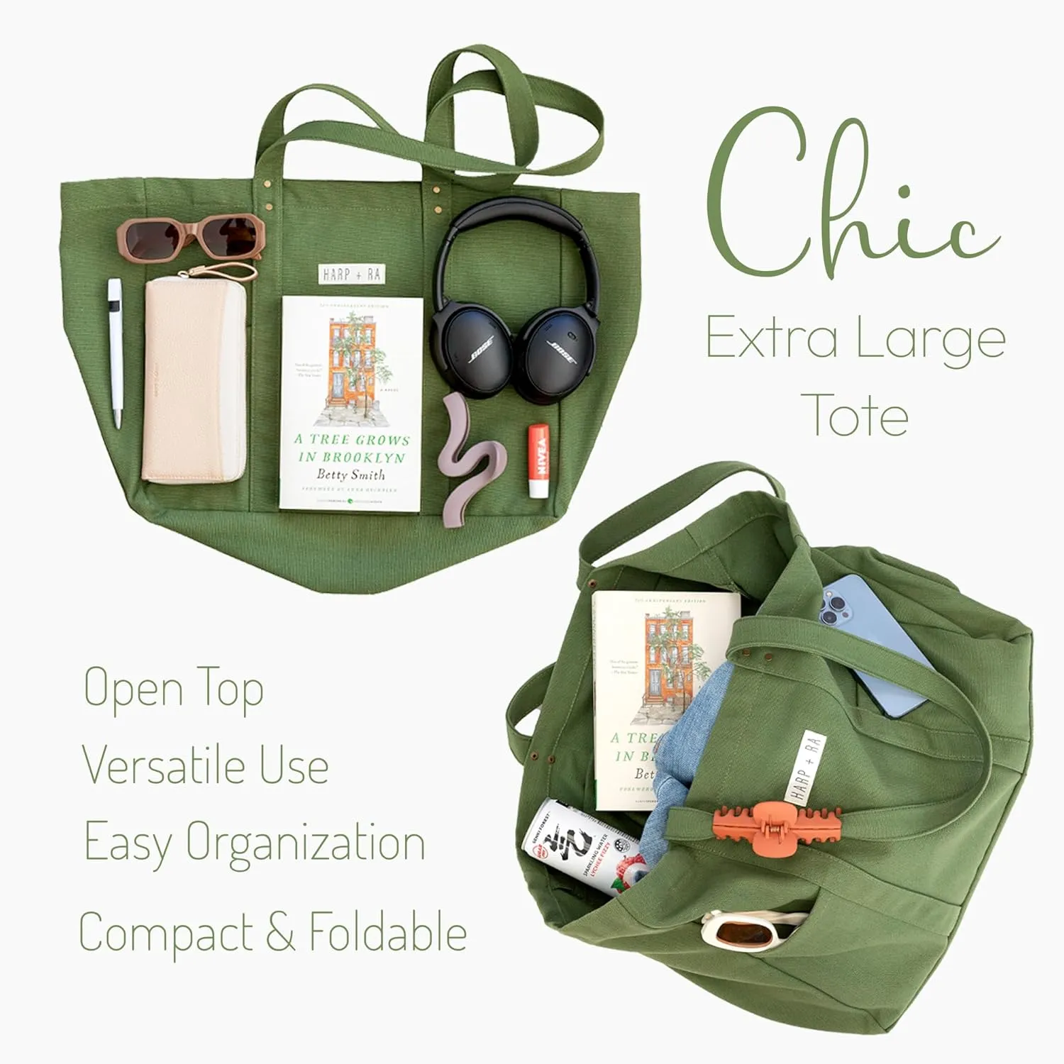 Extra Large Canvas Tote Bag - Utility with 2 Front Pockets and Laptop Sleeve, heavy duty everyday tote