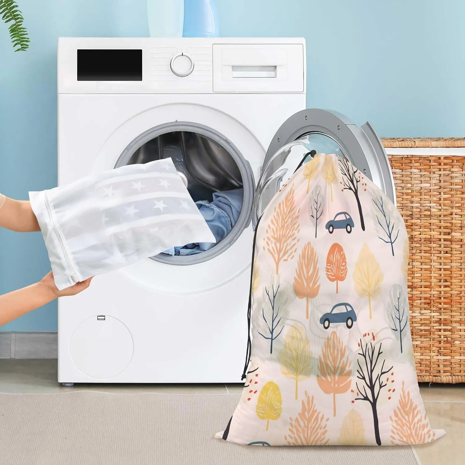 Extra Large Travel Laundry Bag And Mesh Laundry Bag, Rip-Stop Dirty Clothes Bag with Drawstring, Duty Travel Laundry Bag, Large Laundry Hamper Liner (24" x 36") Tree Car (12)