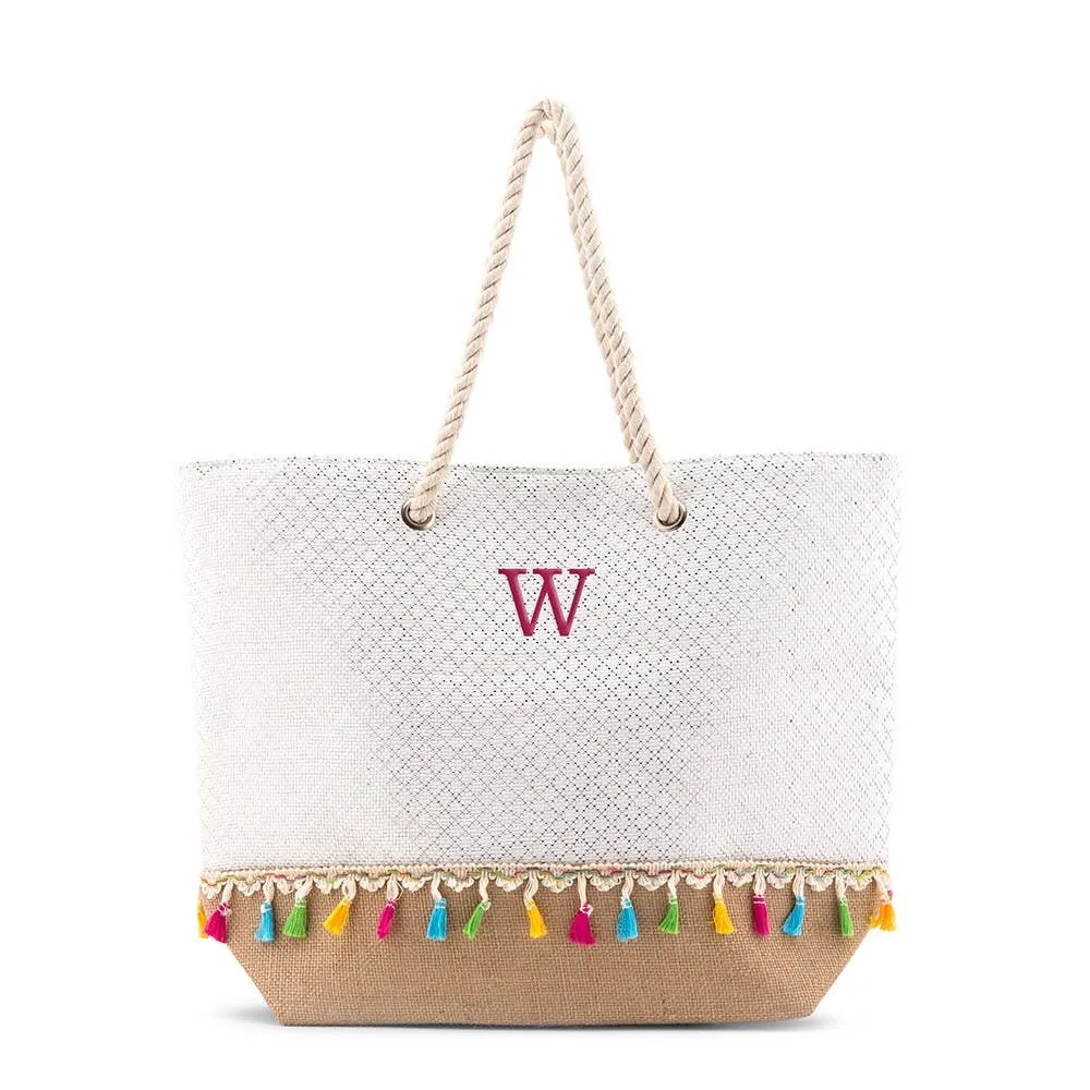 Extra-Large Woven Straw Tote Bag - Color Fringe
