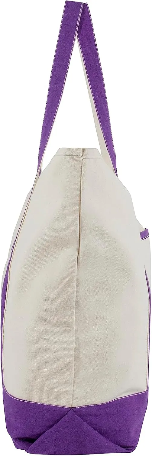 Extra Large Zippered Tote Bag - Zippered Top, Heavy Duty Canvas Tote for Picnic, Beach or Shopping - Premium Quality, Washable, Foldable and Multipurpose Cotton Canvas Tote Bag (Purple)