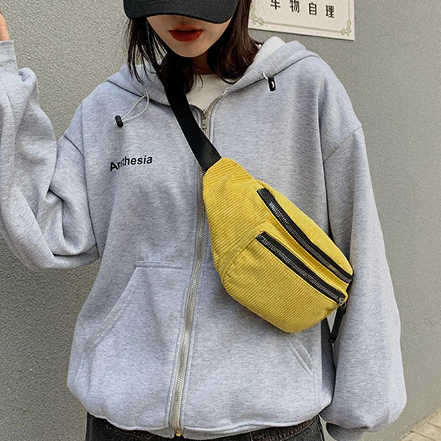 eYLun Women Fanny Pack Crossbody Bag Casual Corduroy Waist Bag Adjustable Chest Bag Waist Pack for Travel Walking Running Hiking Cycling Yellow