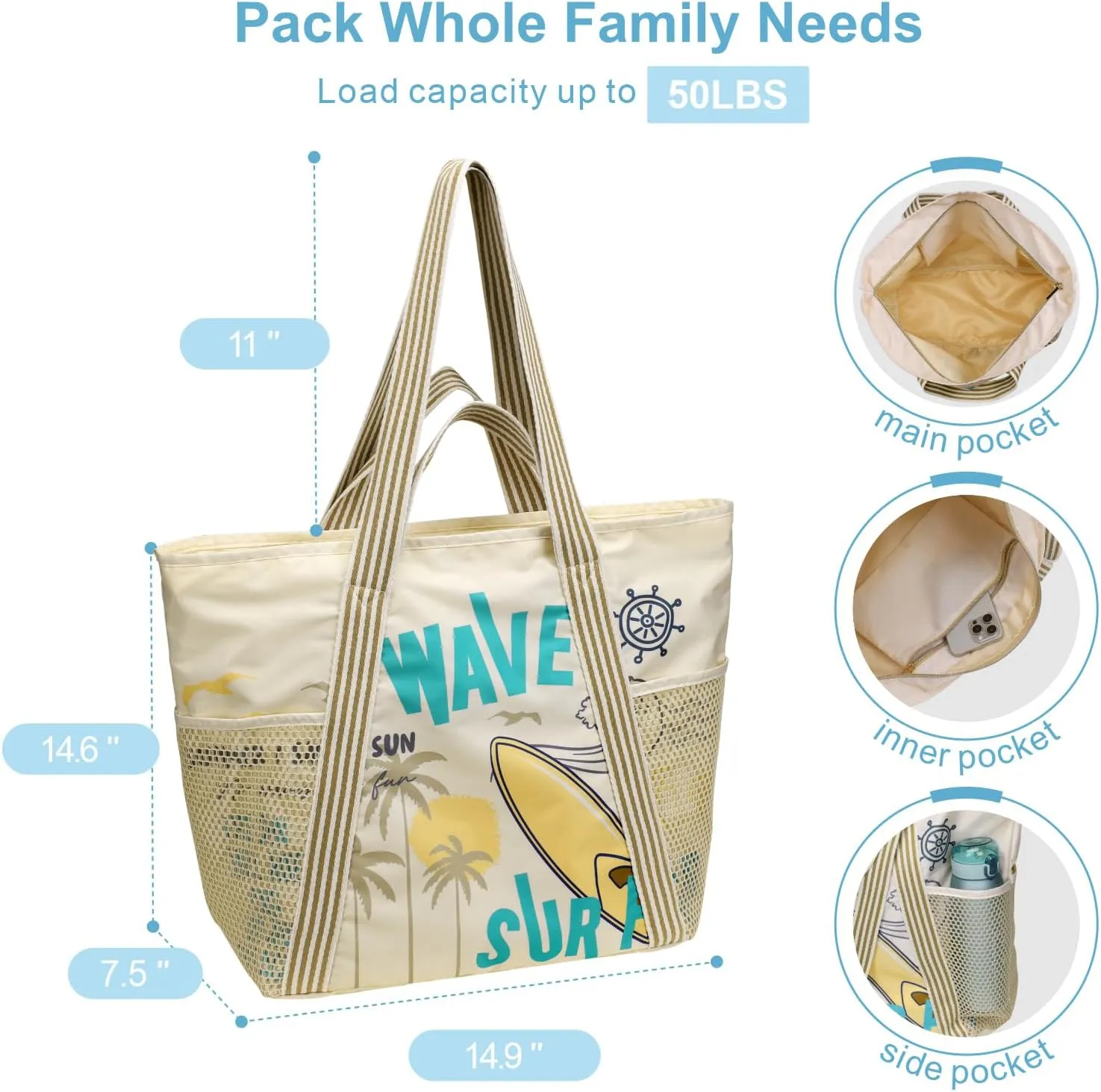 F-color Waterproof Beach Bags for Women - Machine Washable Travel Tote Bag with Zipper Cruise Swim Vacation Essentials