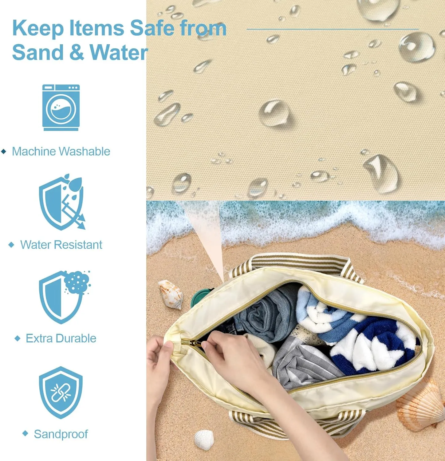 F-color Waterproof Beach Bags for Women - Machine Washable Travel Tote Bag with Zipper Cruise Swim Vacation Essentials