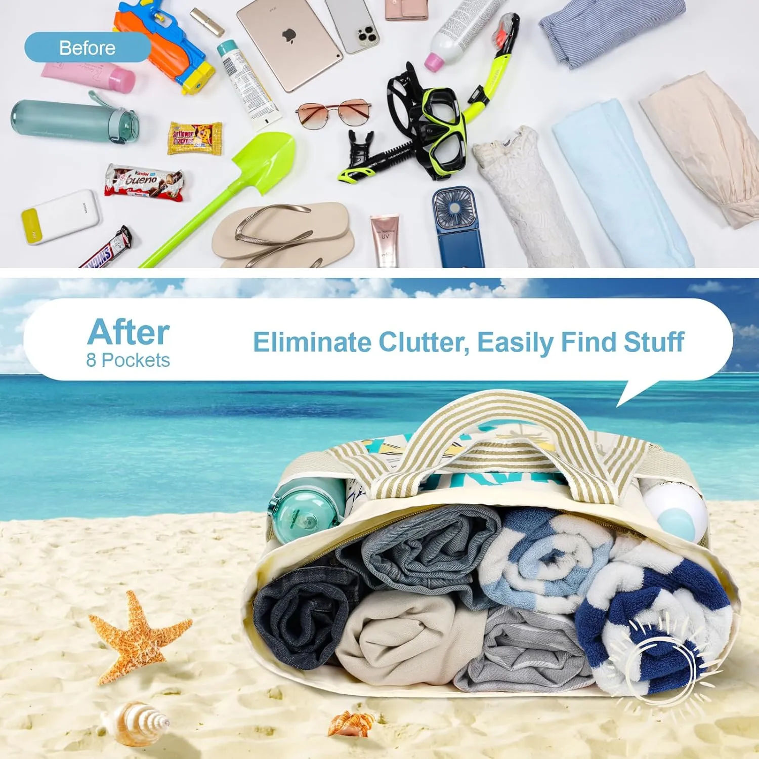 F-color Waterproof Beach Bags for Women - Machine Washable Travel Tote Bag with Zipper Cruise Swim Vacation Essentials