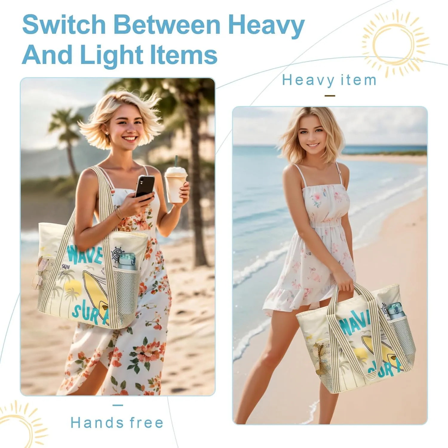F-color Waterproof Beach Bags for Women - Machine Washable Travel Tote Bag with Zipper Cruise Swim Vacation Essentials