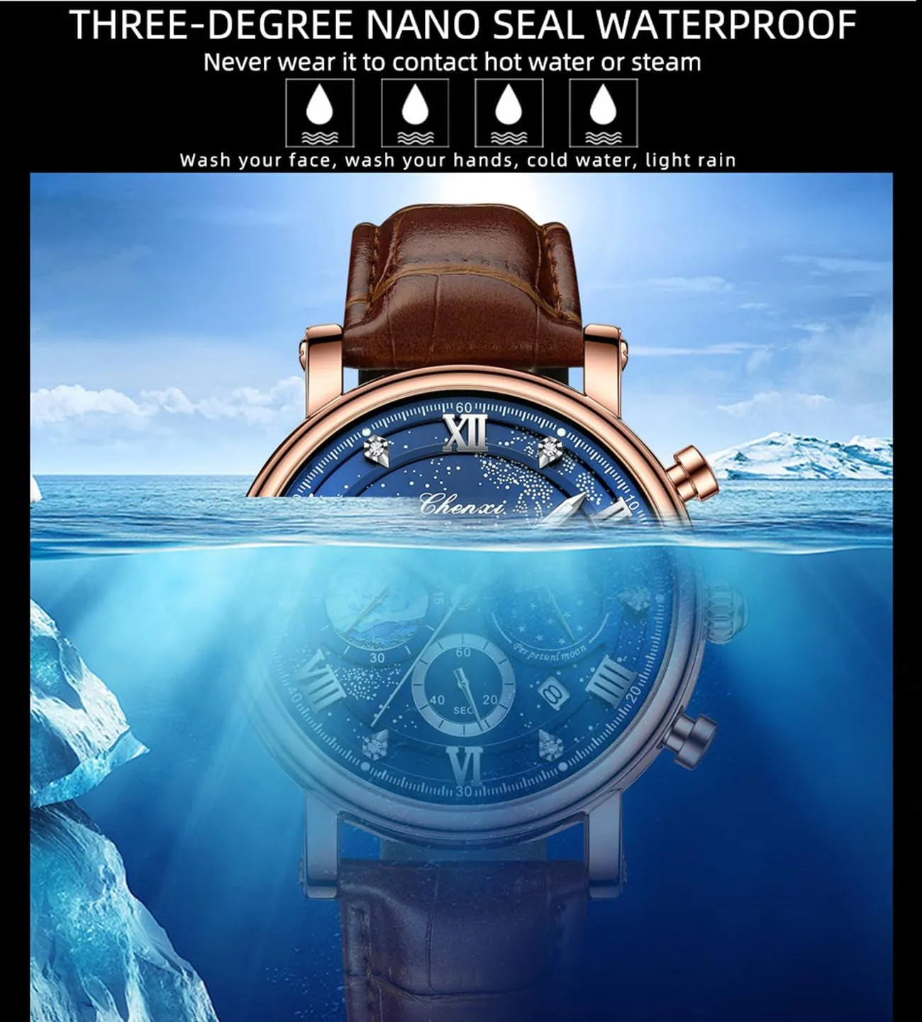 FANMIS Men's Classic Multifunctional Military Sports Analog Watch Business Dress Waterproof Luminous Chronograph Starry Sky Moon Phase Leather Wristwatch