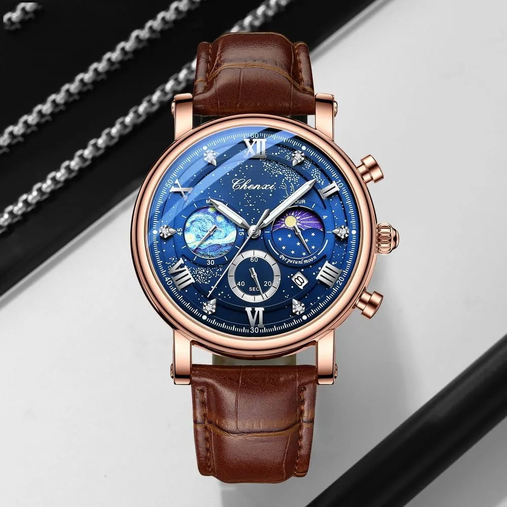 FANMIS Men's Classic Multifunctional Military Sports Analog Watch Business Dress Waterproof Luminous Chronograph Starry Sky Moon Phase Leather Wristwatch