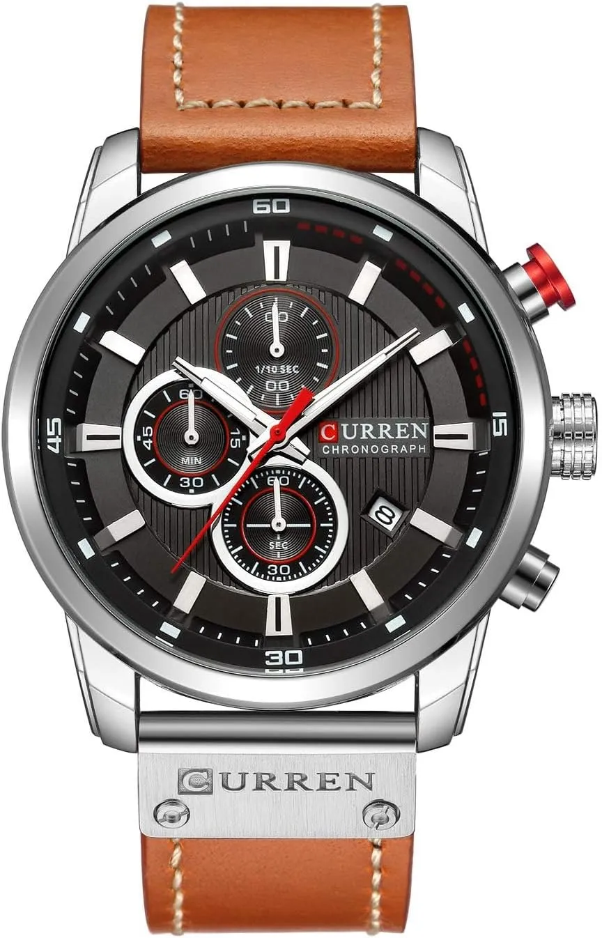 FANMIS Mens Sport Military Analog Quartz Watch Chronograph Classic Casual Business Dress Waterproof Watch Multifunctional Wristwatch with Leather Strap