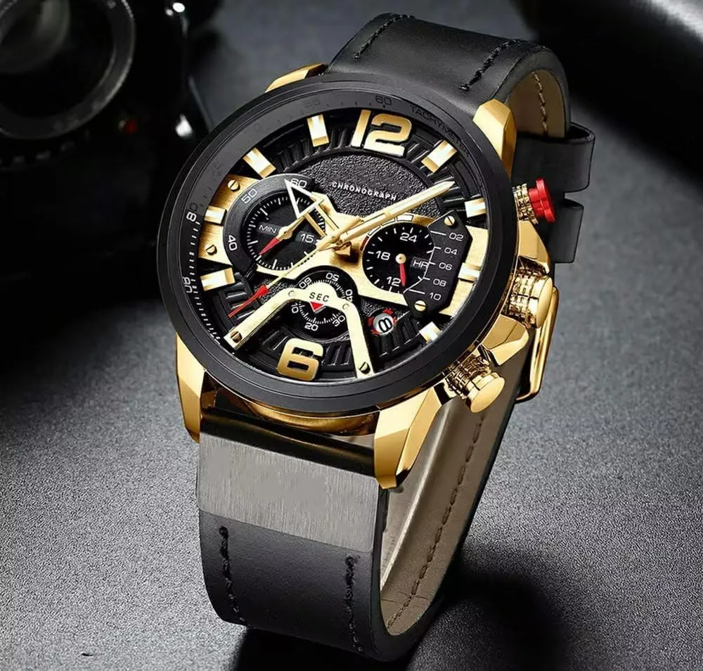 FANMIS Mens Sport Military Analog Quartz Watch Chronograph Classic Casual Business Dress Waterproof Watch Multifunctional Wristwatch with Leather Strap