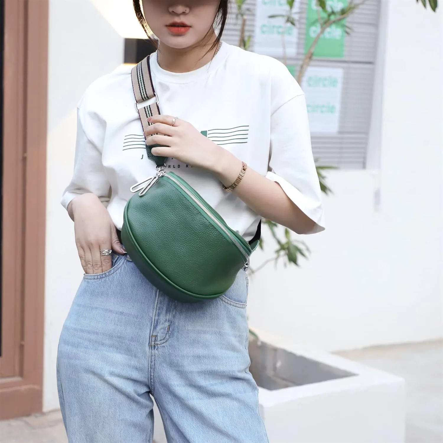 Fanny Pack Crossbody Bags For Women Genuine Leather Fashion Belt Bag Waist Purse (Green01)