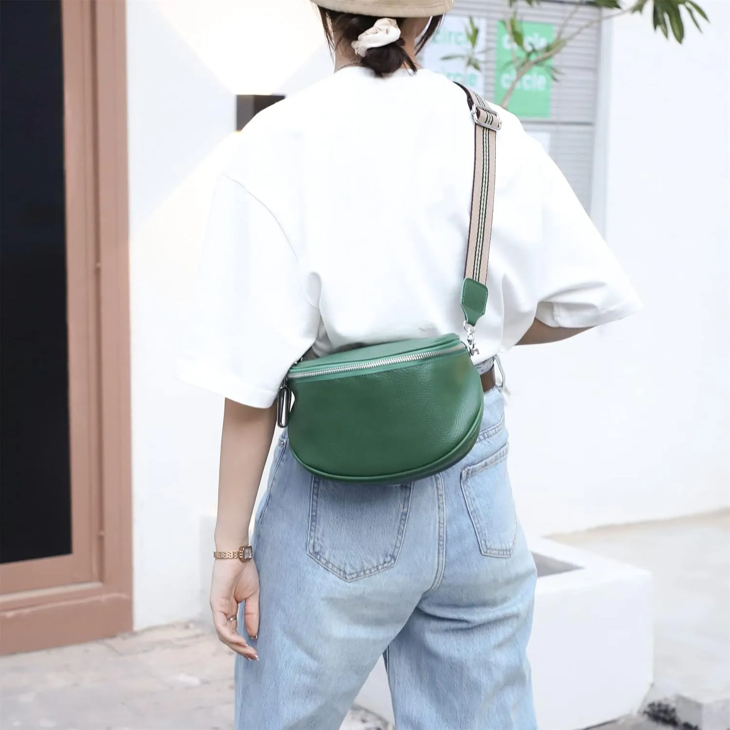 Fanny Pack Crossbody Bags For Women Genuine Leather Fashion Belt Bag Waist Purse (Green01)