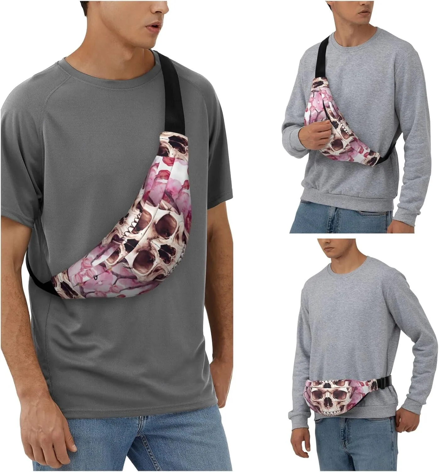 Fanny Pack for Men Women Waist Bag Adjustable Waist Pack Crossbody Belt Bag Human Skull Flowers Bum Bag