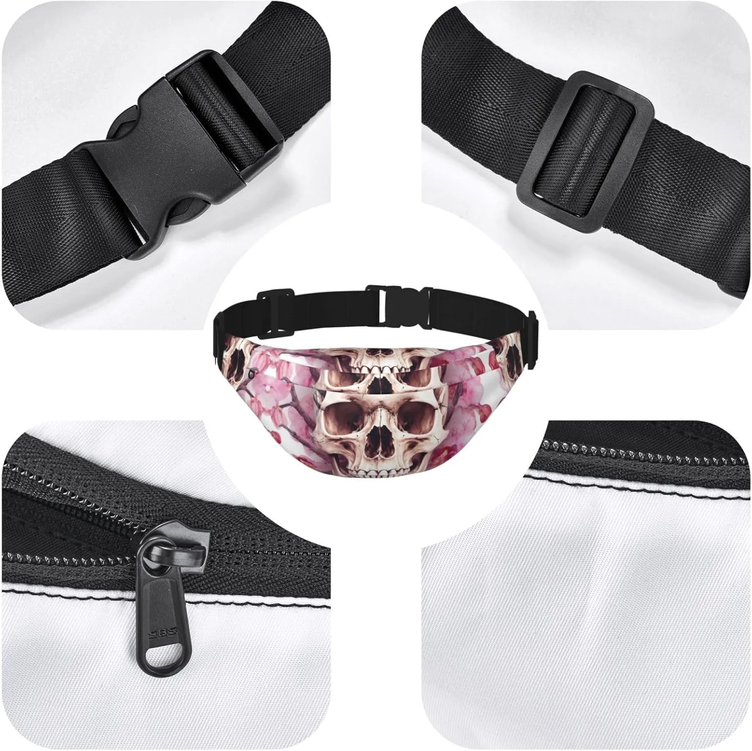 Fanny Pack for Men Women Waist Bag Adjustable Waist Pack Crossbody Belt Bag Human Skull Flowers Bum Bag