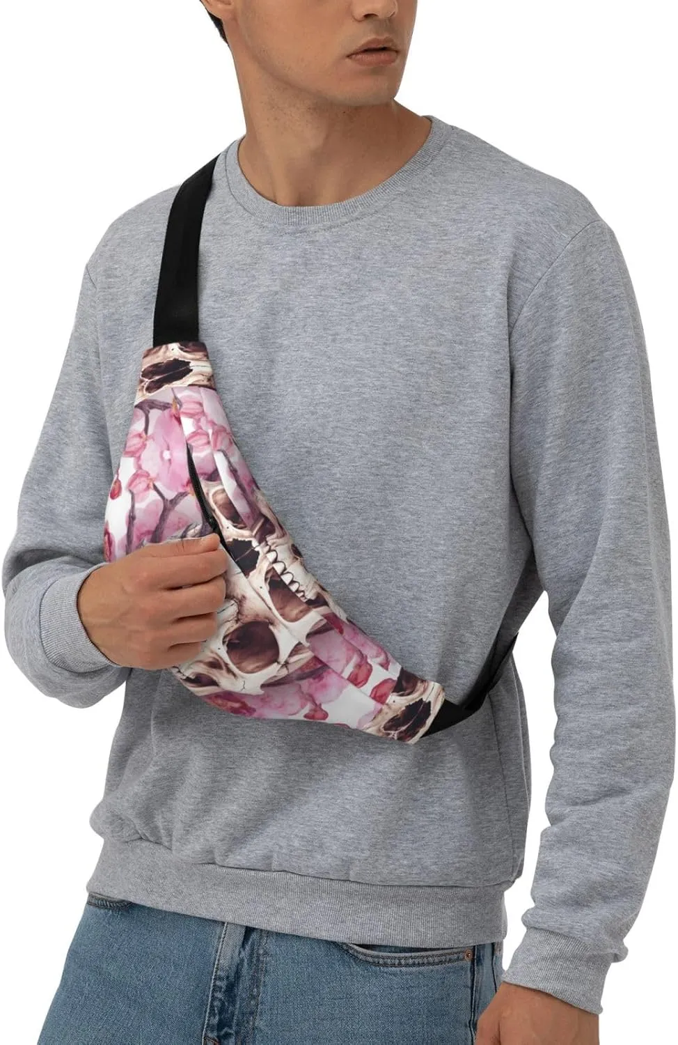 Fanny Pack for Men Women Waist Bag Adjustable Waist Pack Crossbody Belt Bag Human Skull Flowers Bum Bag