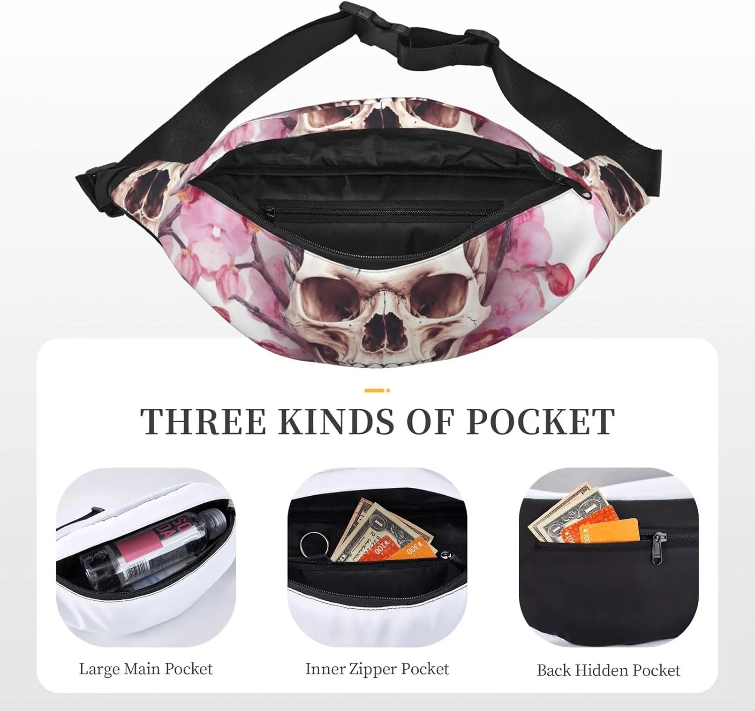 Fanny Pack for Men Women Waist Bag Adjustable Waist Pack Crossbody Belt Bag Human Skull Flowers Bum Bag