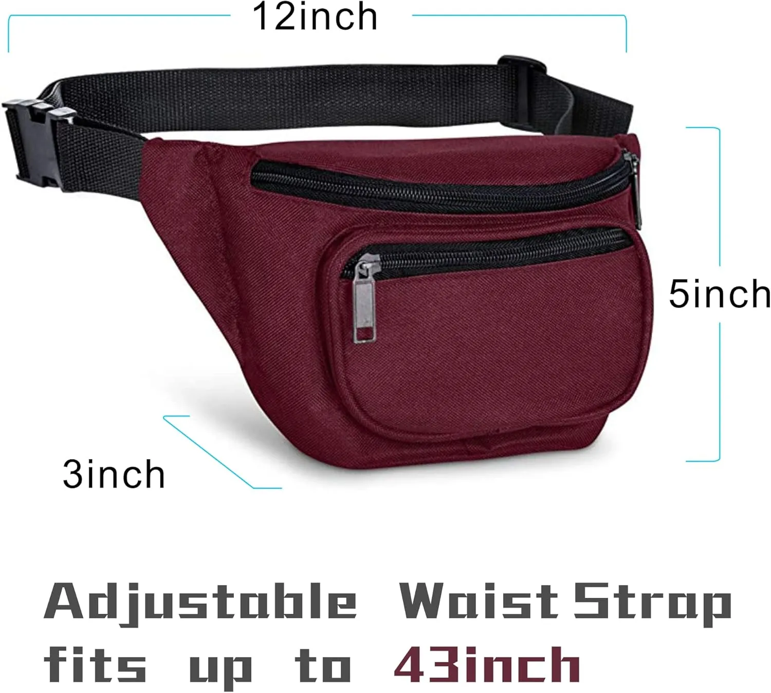 Fanny Pack, MISSMOON 3-Zipper Compartments Adjustable Waist Festival Workout Running Hiking Traveling Walking Sport Fishing Casual Hands-Free Wallets Crossbody Waist Pack Bag For Men Women BURGUNDY