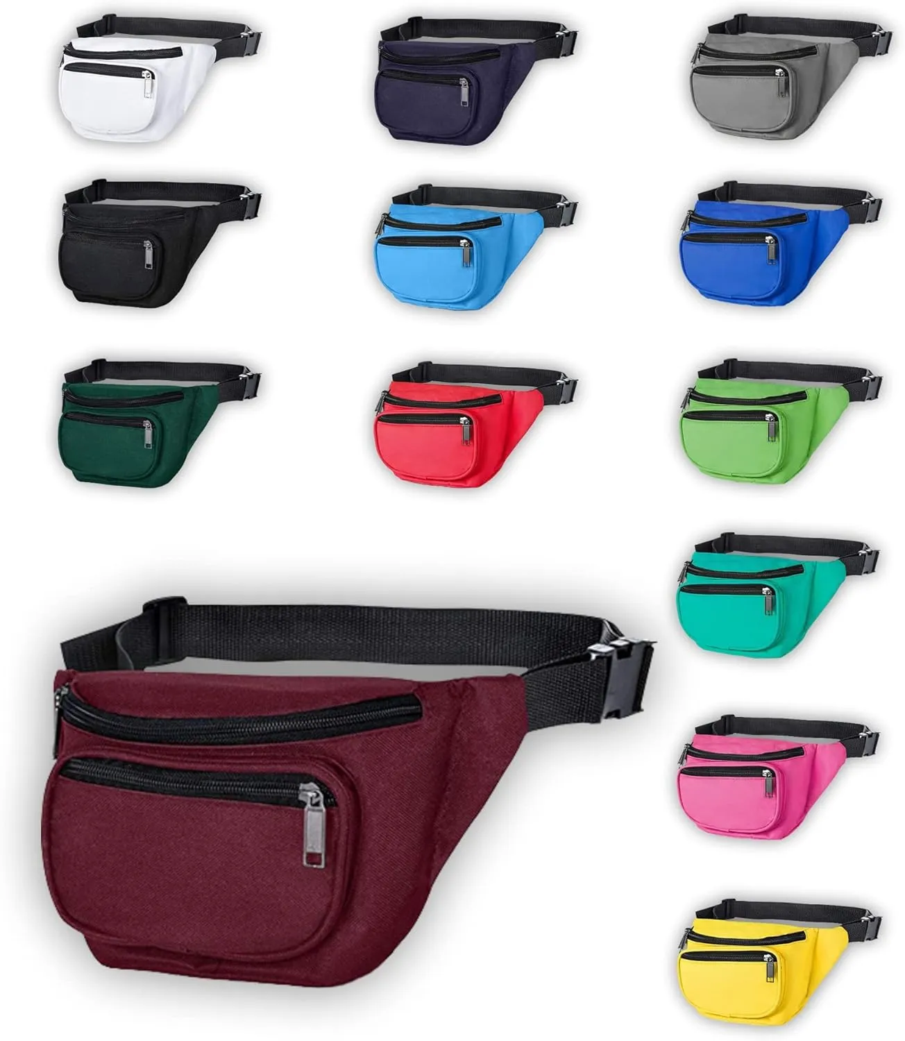 Fanny Pack, MISSMOON 3-Zipper Compartments Adjustable Waist Festival Workout Running Hiking Traveling Walking Sport Fishing Casual Hands-Free Wallets Crossbody Waist Pack Bag For Men Women BURGUNDY