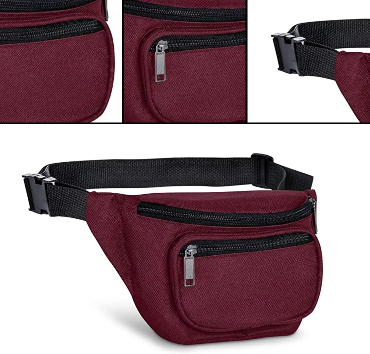 Fanny Pack, MISSMOON 3-Zipper Compartments Adjustable Waist Festival Workout Running Hiking Traveling Walking Sport Fishing Casual Hands-Free Wallets Crossbody Waist Pack Bag For Men Women BURGUNDY