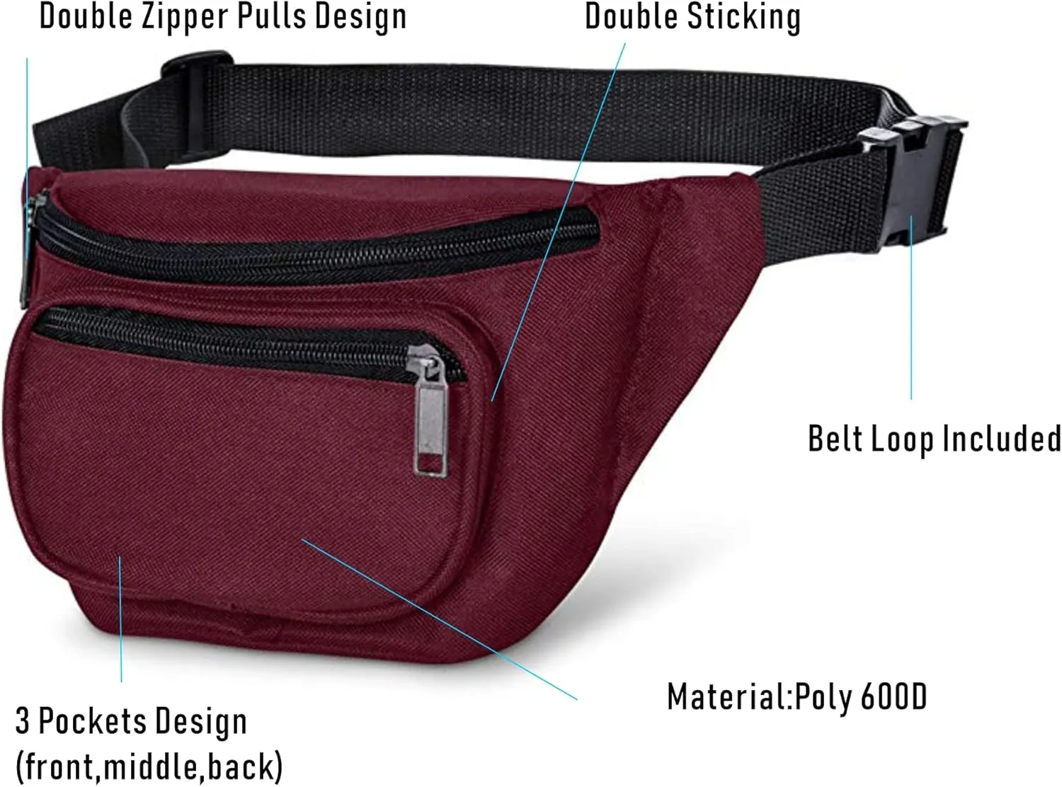 Fanny Pack, MISSMOON 3-Zipper Compartments Adjustable Waist Festival Workout Running Hiking Traveling Walking Sport Fishing Casual Hands-Free Wallets Crossbody Waist Pack Bag For Men Women BURGUNDY