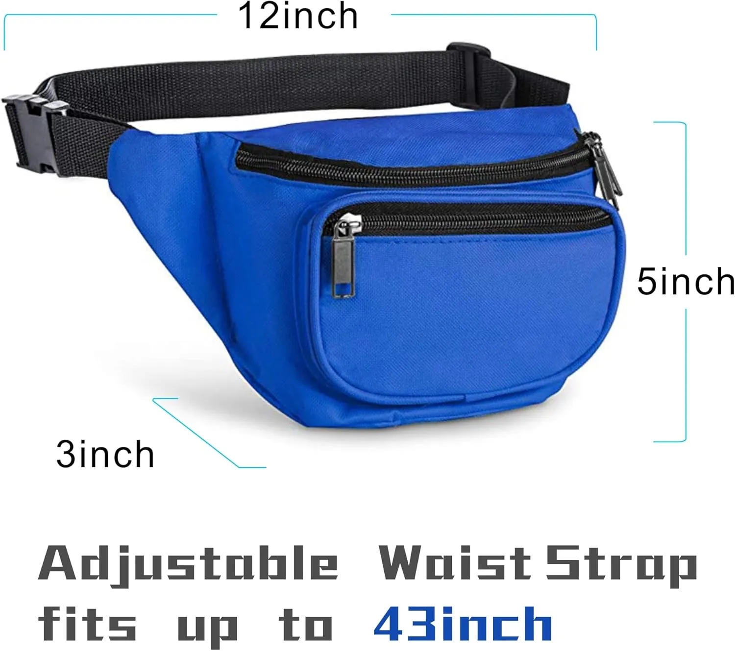 Fanny Pack, MISSMOON 3-Zipper Compartments Adjustable Waist Festival Workout Running Hiking Traveling Walking Sport Fishing Casual Hands-Free Wallets Crossbody Waist Pack Bag For Men Women ROYAL BLUE