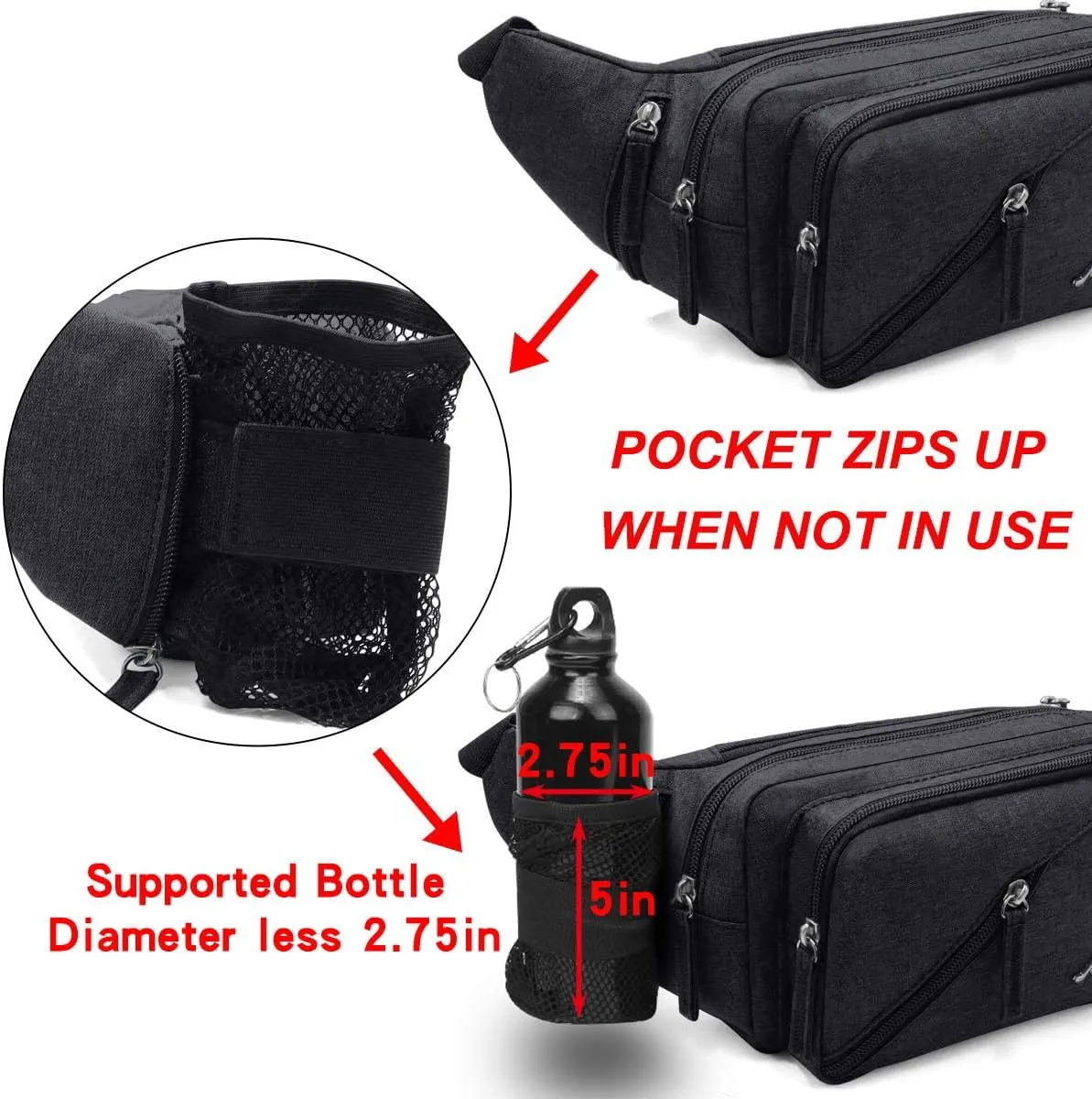Fanny Pack Waterproof Waist Bag Pack Men Women Hip Bum Bag With Water Bottle Holder Adjustable Strap Suitable For Outdoors Workout Traveling Hiking Cycling Dog Walking Pouch Bag(black)