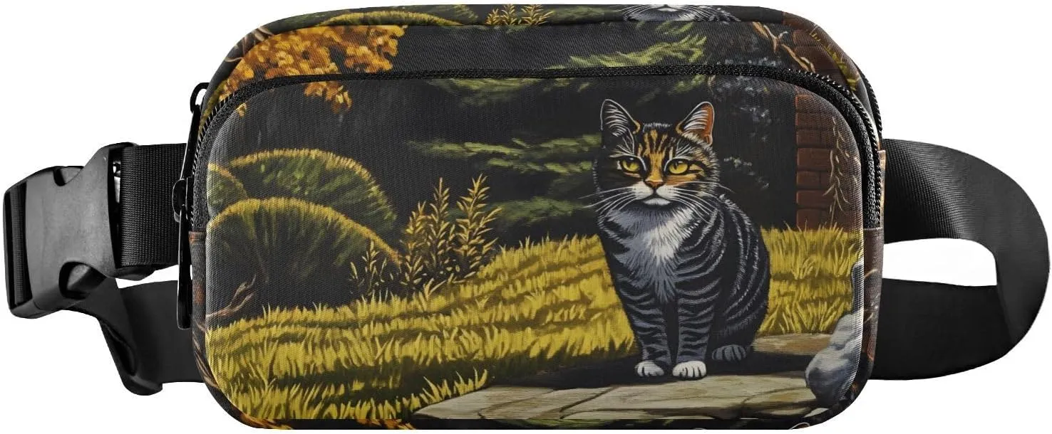 Fanny Pack Yard Cat Print Water Resistant Crossbody Waist Pack Adjustable Belt for Hiking Traveling Running 8×5.3×1.6 inch