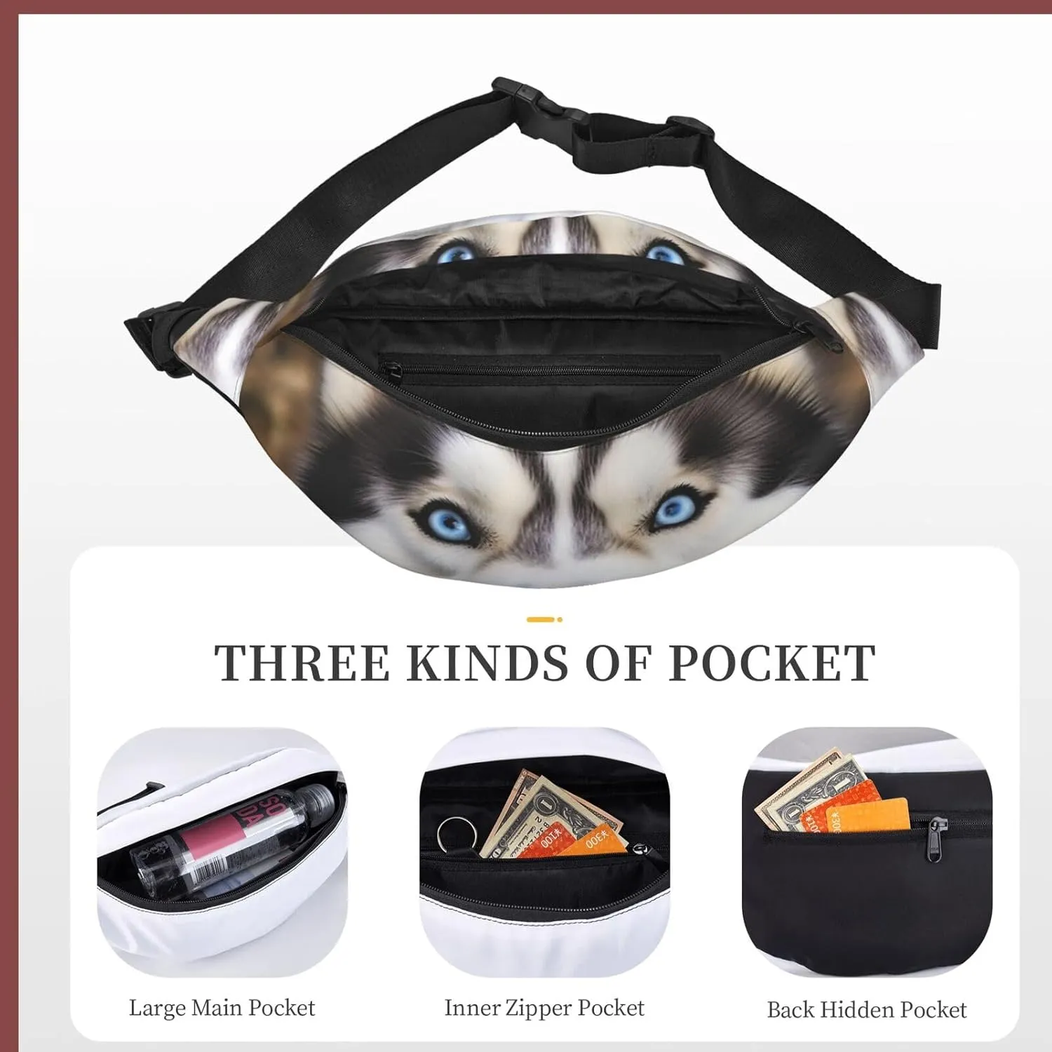 Fanny Packs For Women Men Waist Bag Waterproof Sport Belt Bag Stupid Husky Dog Fashion Waist Pack Adjustable Crossbody Bags Zipper Bum Bag For Running Hiking Travel