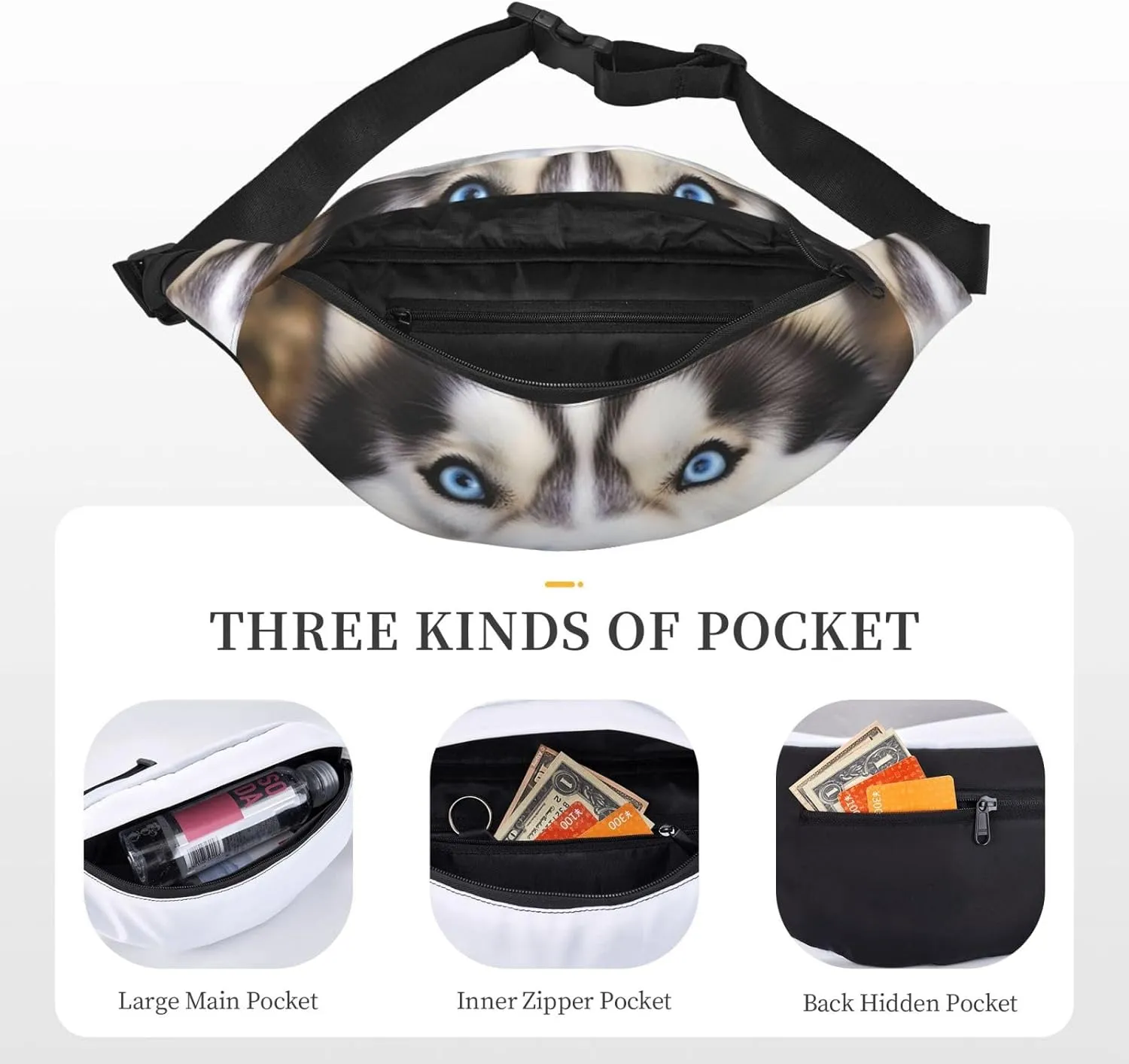 Fanny Packs For Women Men Waist Bag Waterproof Sport Belt Bag Stupid Husky Dog Fashion Waist Pack Adjustable Crossbody Bags Zipper Bum Bag For Running Hiking Travel