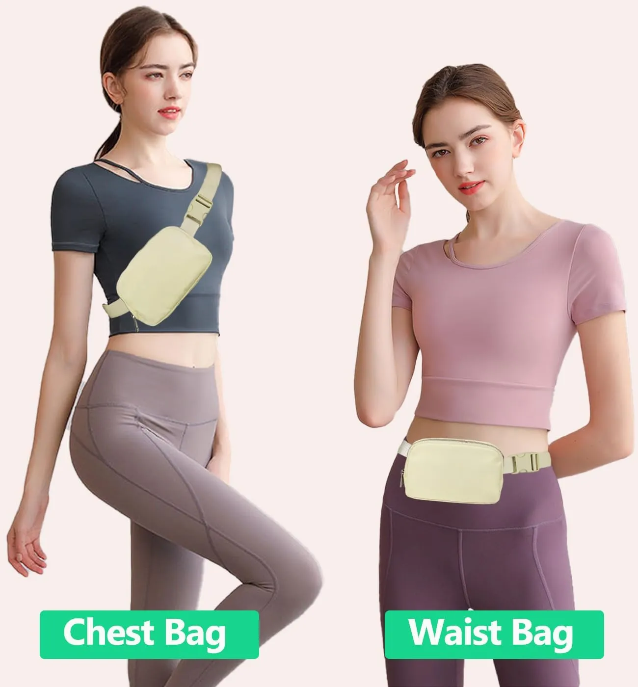 Fanny Packs for Women,Fashionable Crossbody Belt Bags Waist Pack for Teen Girls,Bum Hip Bag for Travel Hiking Cycling Running,Easy Carry Any Phone,Wallet (Beige-Two Zipper Pockets)