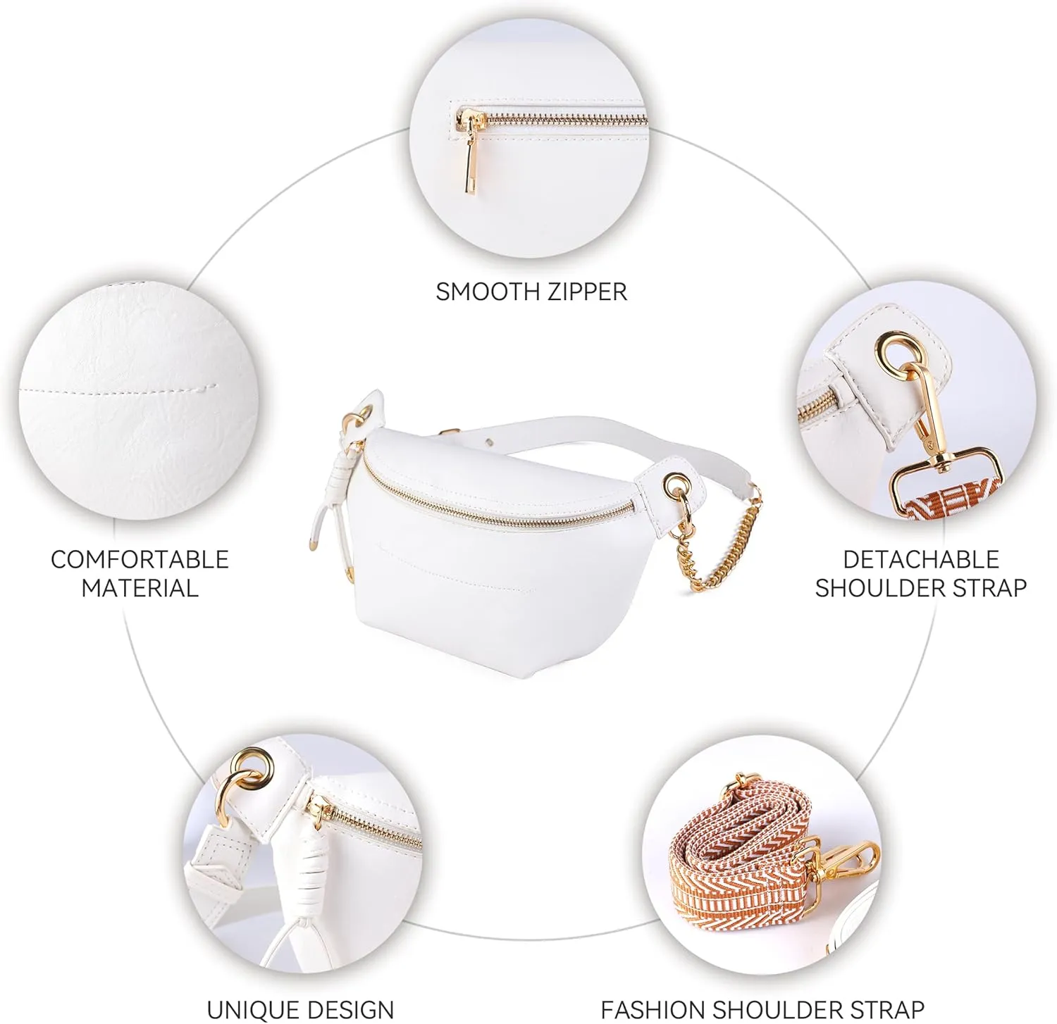 Fanny Packs Waist Bag for Women-Fashion Crossbody Bags Chest Purses Belt Bag with 2 Adjustable Strap (White)