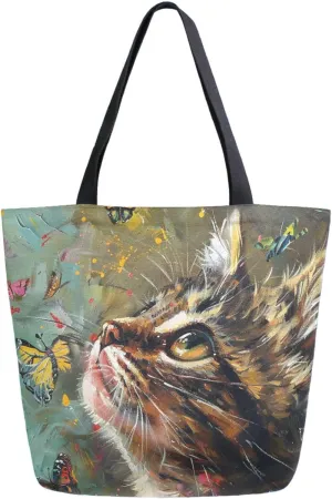 Fashion Pattern Extra Large Shoulder Grocery Tote Bag, Colorful Butterfly Curious Cat Canvas Daily Handle Bag for Gym Weekender Beach Travel Kitchen Reusable Market Shopping