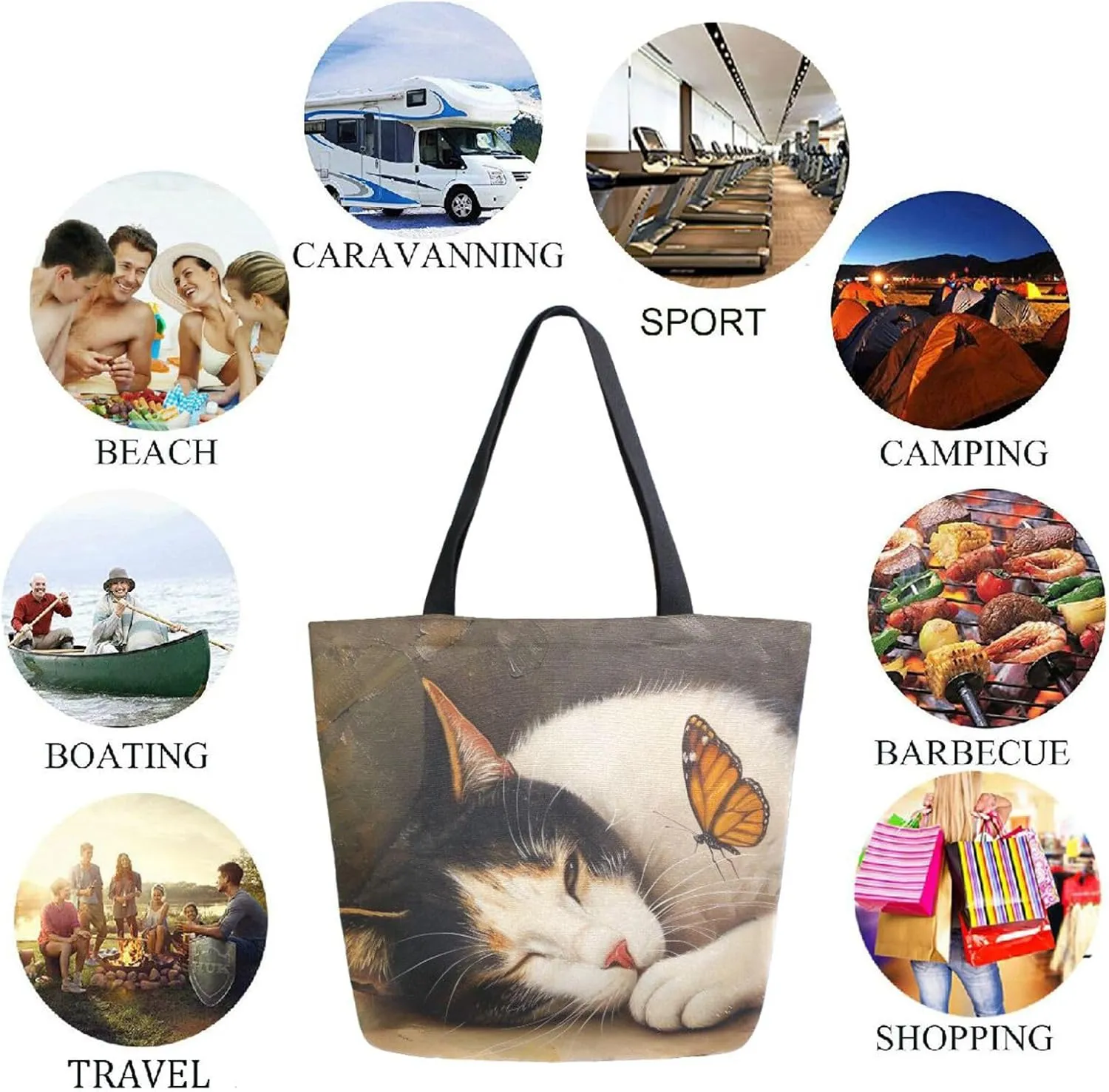 Fashion Pattern Extra Large Shoulder Grocery Tote Bag, Painting Cat Pretend To Sleep Butterfly Canvas Daily Handle Bag for Gym Weekender Beach Travel Kitchen Reusable Market Shopping