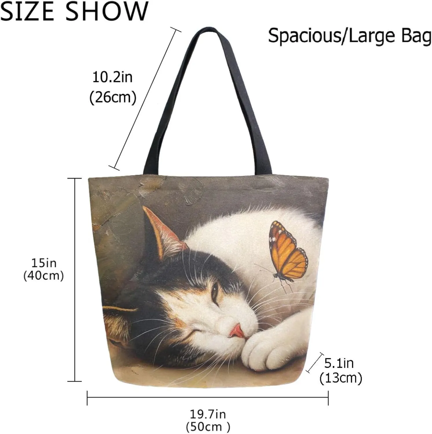 Fashion Pattern Extra Large Shoulder Grocery Tote Bag, Painting Cat Pretend To Sleep Butterfly Canvas Daily Handle Bag for Gym Weekender Beach Travel Kitchen Reusable Market Shopping