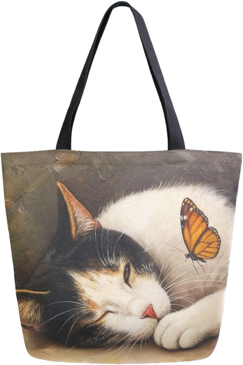 Fashion Pattern Extra Large Shoulder Grocery Tote Bag, Painting Cat Pretend To Sleep Butterfly Canvas Daily Handle Bag for Gym Weekender Beach Travel Kitchen Reusable Market Shopping