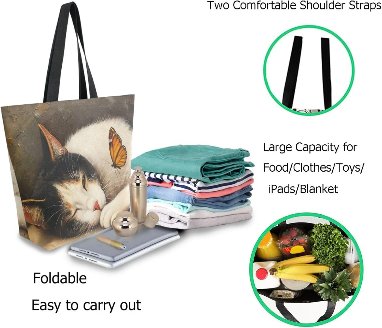Fashion Pattern Extra Large Shoulder Grocery Tote Bag, Painting Cat Pretend To Sleep Butterfly Canvas Daily Handle Bag for Gym Weekender Beach Travel Kitchen Reusable Market Shopping