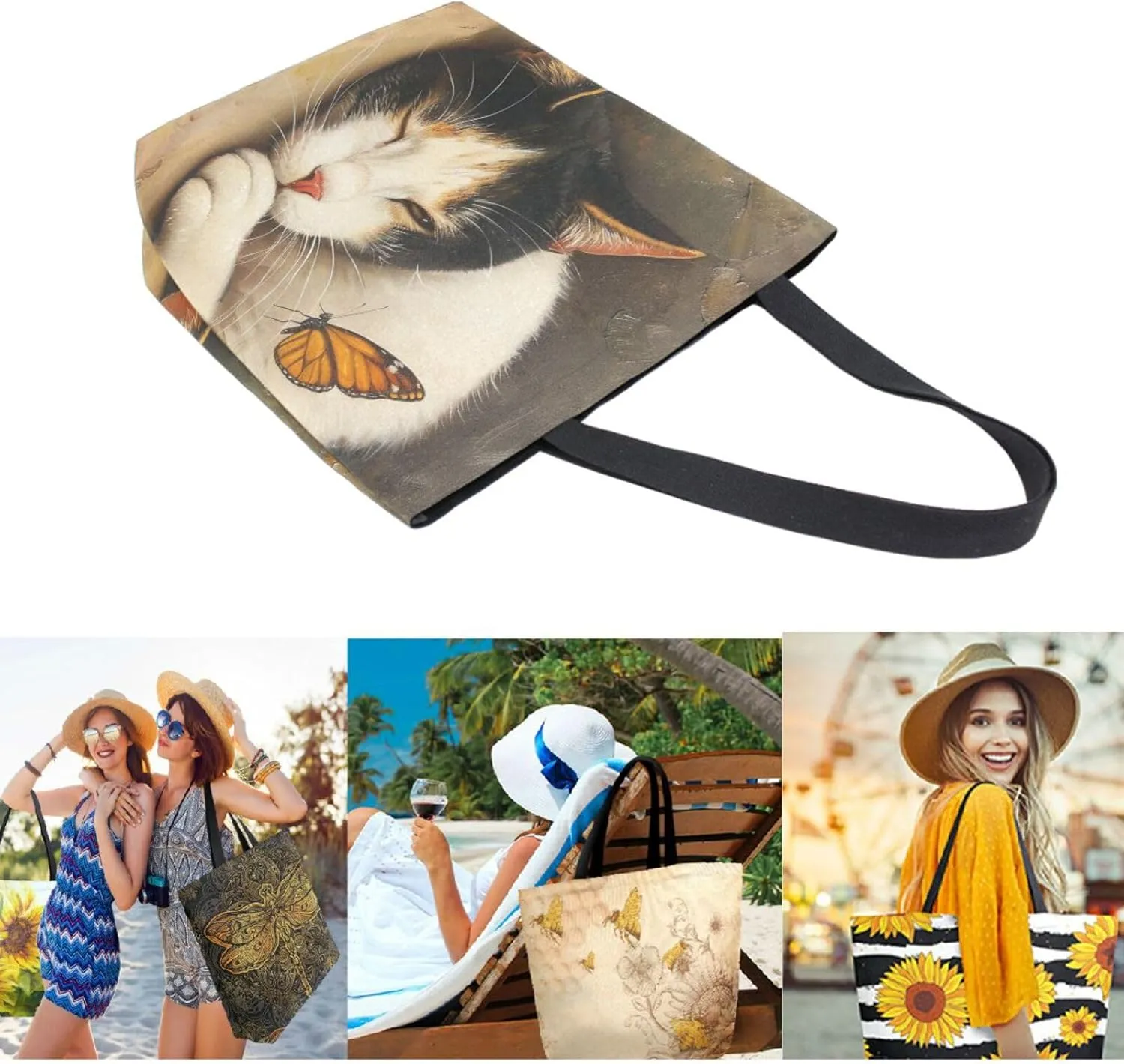 Fashion Pattern Extra Large Shoulder Grocery Tote Bag, Painting Cat Pretend To Sleep Butterfly Canvas Daily Handle Bag for Gym Weekender Beach Travel Kitchen Reusable Market Shopping