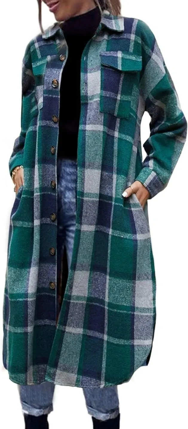 FindThy Women’s Long Plaid Shacket Wool Blend Button Down Shirt Jacket Coat with Pockets