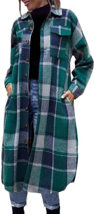 FindThy Women’s Long Plaid Shacket Wool Blend Button Down Shirt Jacket Coat with Pockets