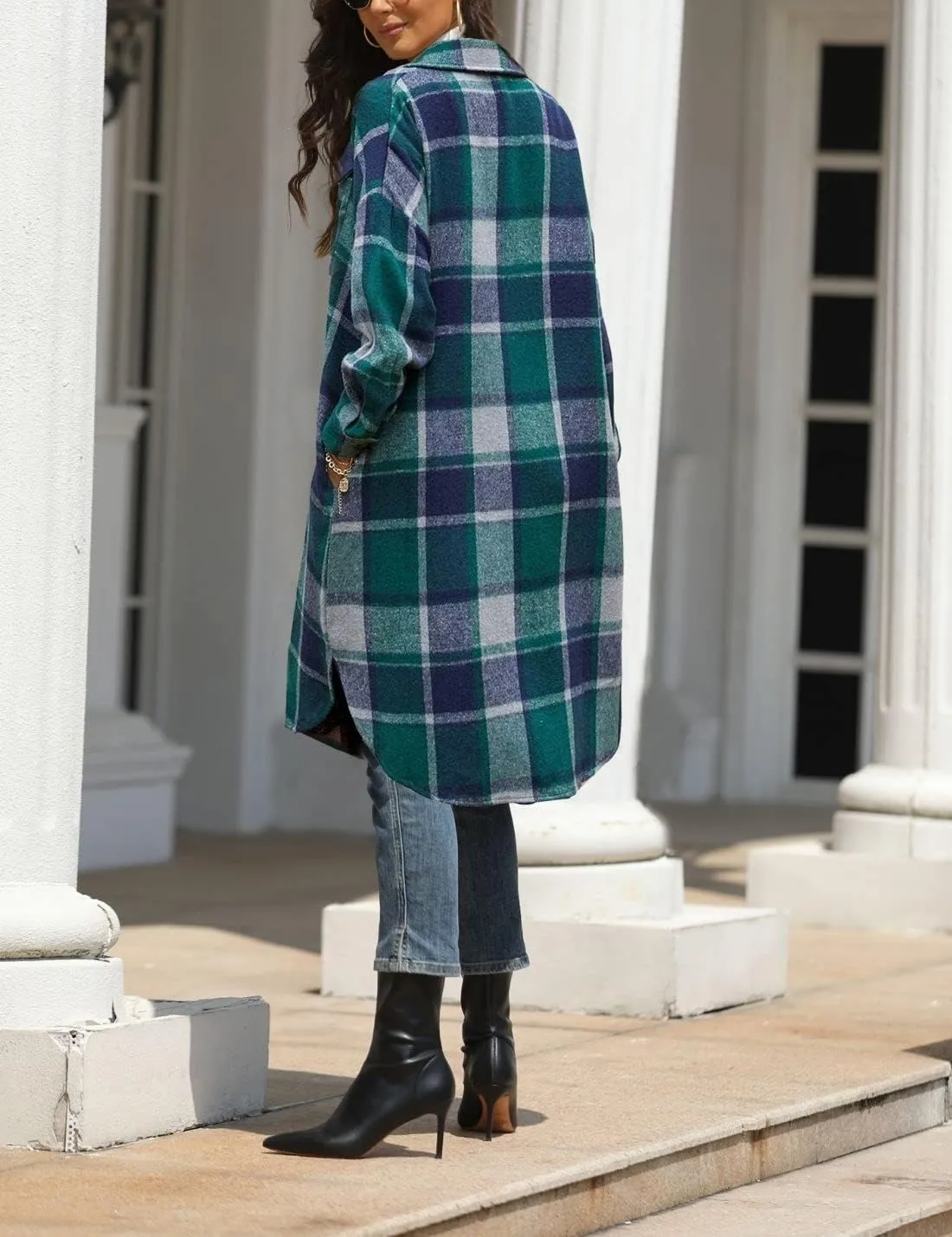 FindThy Women’s Long Plaid Shacket Wool Blend Button Down Shirt Jacket Coat with Pockets