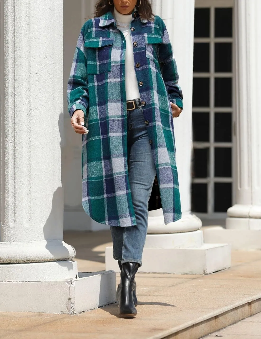 FindThy Women’s Long Plaid Shacket Wool Blend Button Down Shirt Jacket Coat with Pockets