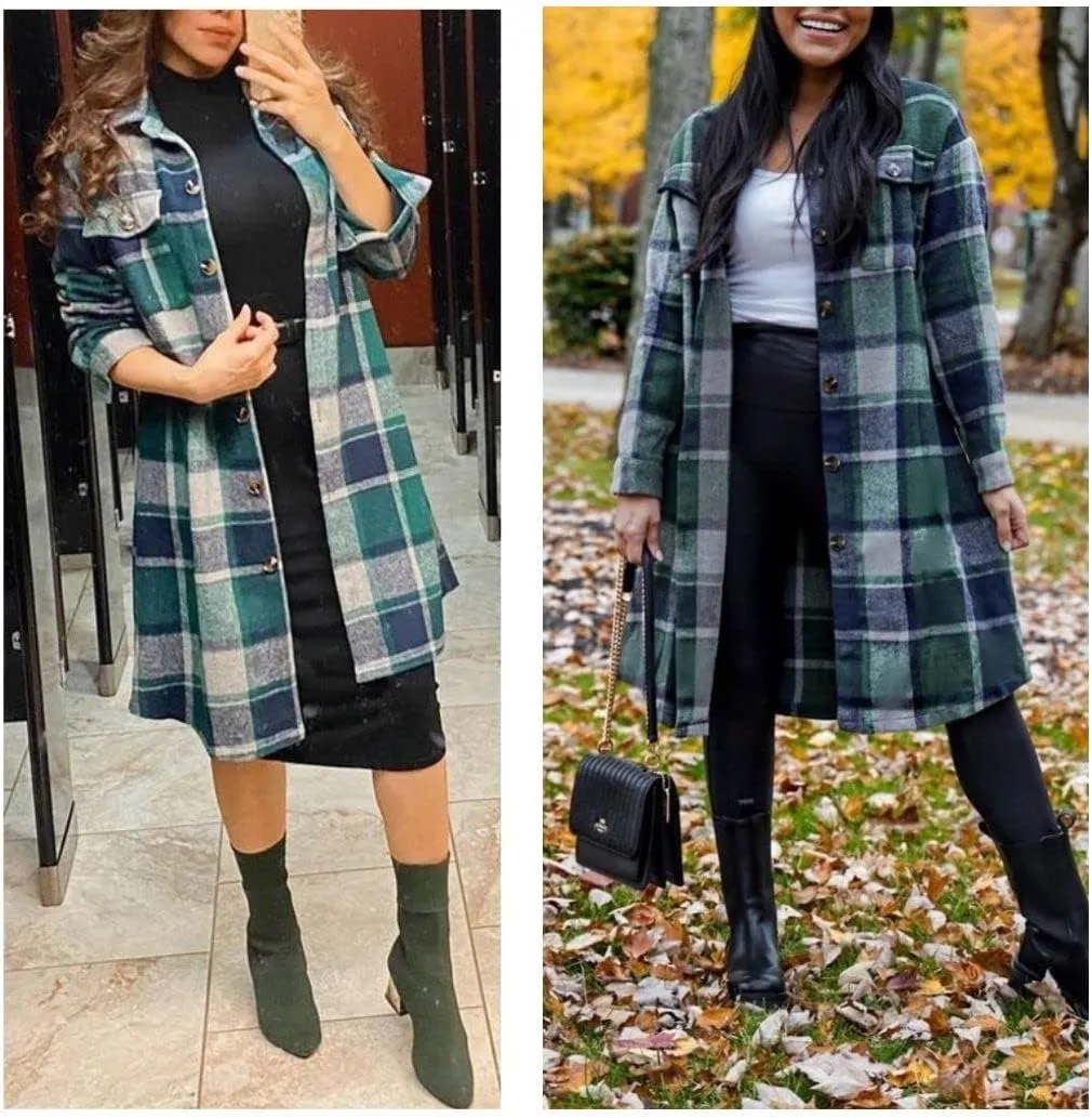 FindThy Women’s Long Plaid Shacket Wool Blend Button Down Shirt Jacket Coat with Pockets